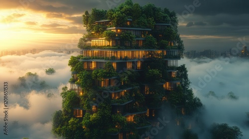 vertical forest city with terraced gardens and sustainable transportation pods connected by solarpowered magnetic rails through clouds at 1000ft elevation photo