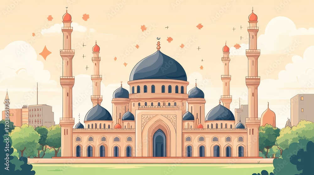 Obraz premium City mosque, minarets, domes, lush green trees.