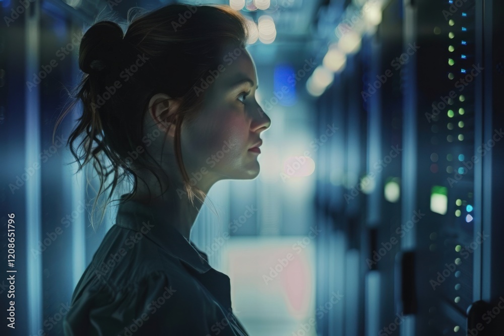 Naklejka premium Focused Woman in Modern Data Center