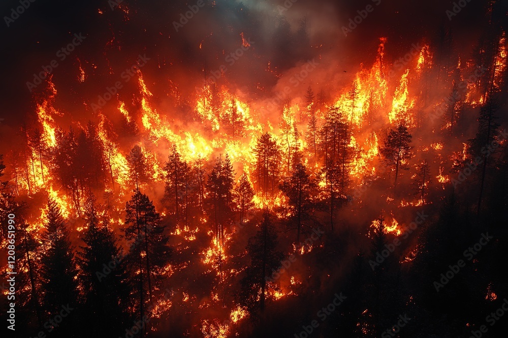 Aerial view of intense wildfire engulfing forest at night Aerial view of intense wildfire engulfing forest at night