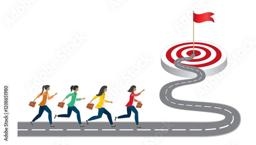 Group of women running on winding road to goal. Teamwork and cooperation.Vector illustration.