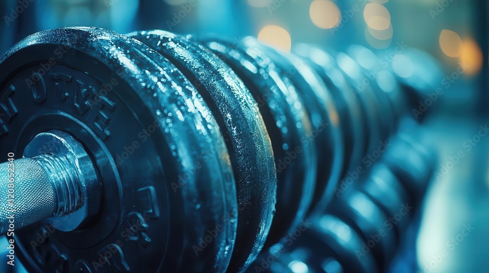 Strength training session, close-up of weights being lifted, intense focus and gym environment Strength training session, close-up of weights being lifted, intense focus and gym environment