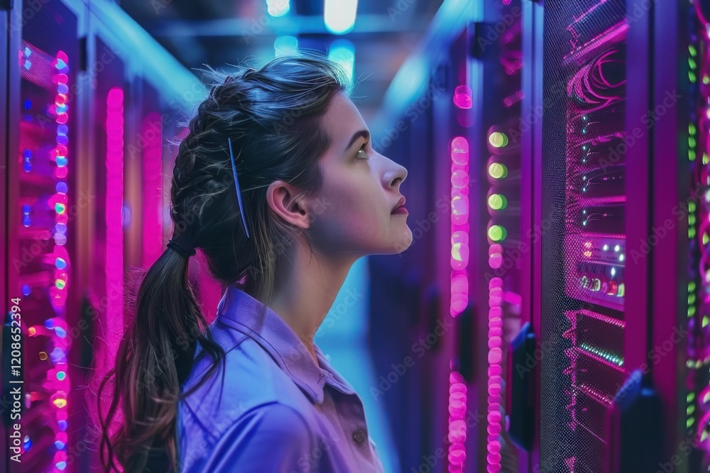 Naklejka premium Young Woman Examining Servers in Data Center