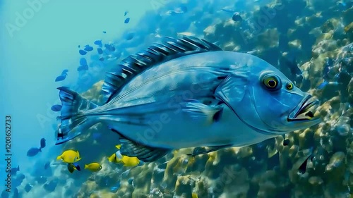 A large blue-grey fish with prominent fins swims near a vibrant coral reef with smaller fish.