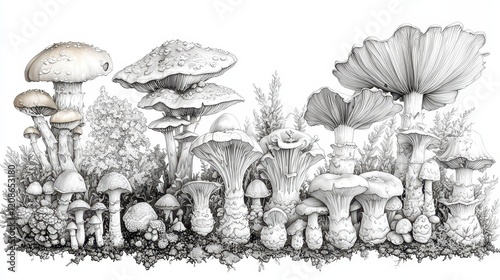 Detailed pencil sketch of various mushroom species in a natural setting. photo