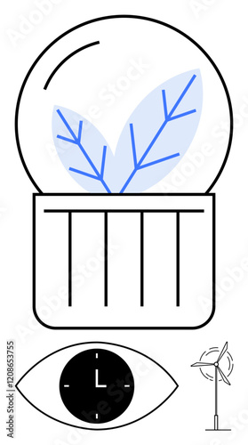 Plant sprouting inside dome, wind turbine, and eye with clock. Ideal for sustainability, green energy, innovation, environmental awareness, future vision, renewable resources and time management