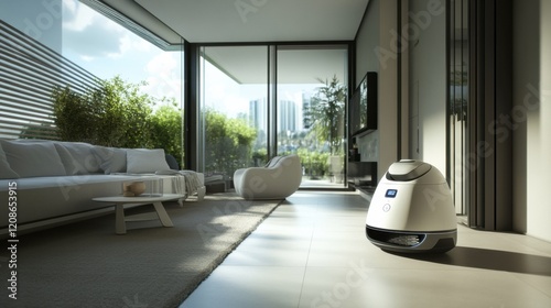 A highly advanced personal assistant robot helping a person with daily life in a clean, high-tech apartment