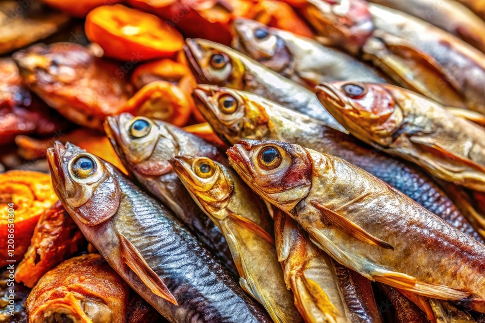 Dried fish: A captivating display showcasing the texture, color, and variety of seafood delights. Dried fish: A captivating display showcasing the texture, color, and variety of seafood delights.