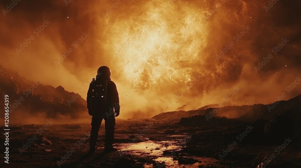 A lone astronaut standing on the surface of a dark, alien planet, looking at a massive, glowing nebula in the sky, melancholic and awe-inspiring A lone astronaut standing on the surface of a dark, alien planet, looking at a massive, glowing nebula in the sky, melancholic and awe-inspiring
