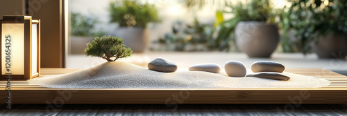 Minimalist Japandi interior design of modern zen sand garden with bonsai tree, stones, and Japanese lantern, soft natural light
 photo