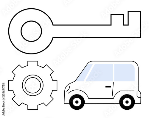 Key, gear, and compact car represent automotive access, mobility, and technology. Ideal for security, machinery, innovation transportation engineering car design automotive systems. Abstract line