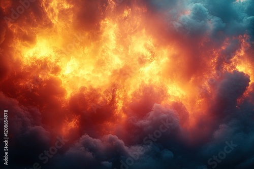 Fiery cloudscape at sunset, dramatic sky background for apocalyptic scenes photo