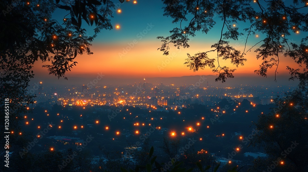 Fototapeta premium City lights glow during sunset, framed by trees adorned with lights, creating a serene night scene