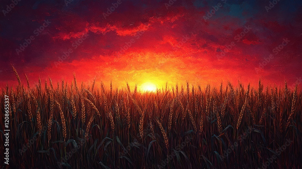 Fototapeta premium Fiery sunset over golden wheat field.