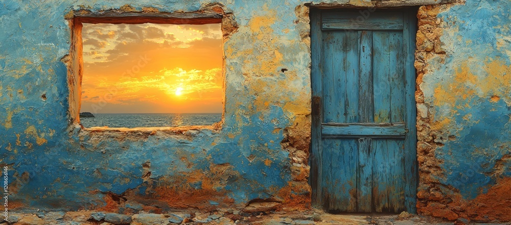 Naklejka premium Ocean sunset view from rustic building; old door, window, travel