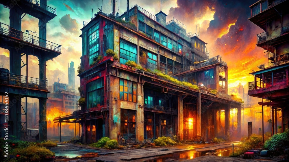 Fototapeta premium Efficient data processing powers an AI system creating evocative urban exploration photography.