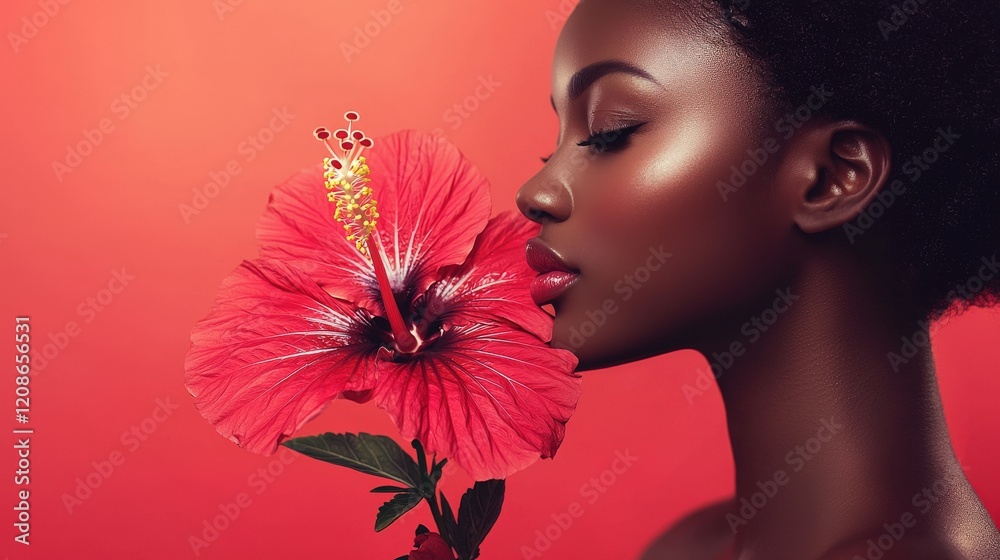 Fototapeta premium Elegant Woman with Red Hibiscus Flower Against Rich Red Background, Highlighting Beauty and Nature