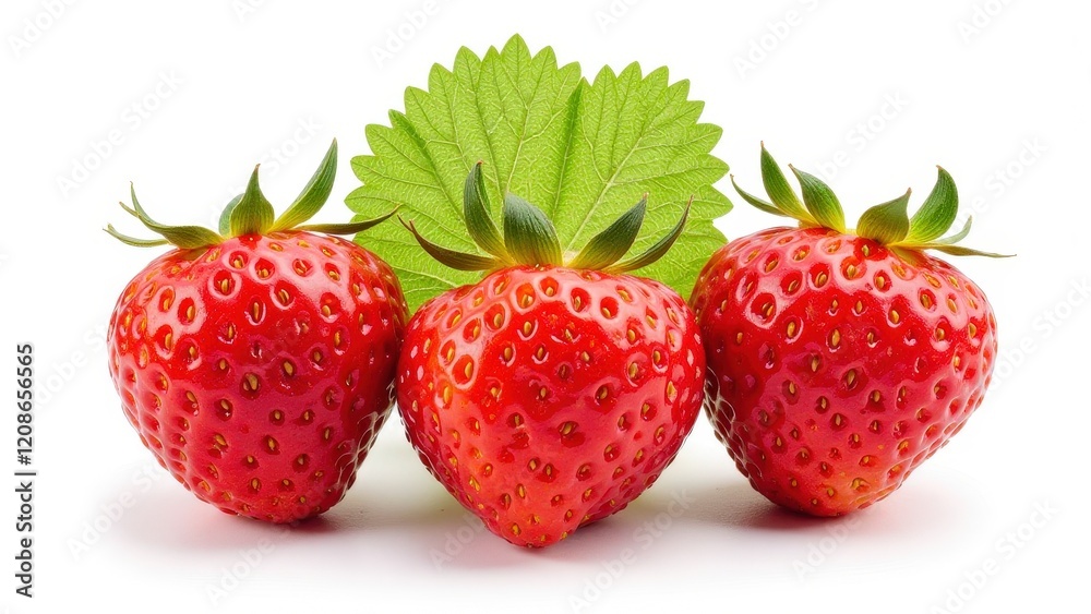 Juicy strawberries arranged on pristine white: a vibrant trio with a lush green leaf nestled among them, capturing nature's sweet essence Juicy strawberries arranged on pristine white: a vibrant trio with a lush green leaf nestled among them, capturing nature's sweet essence