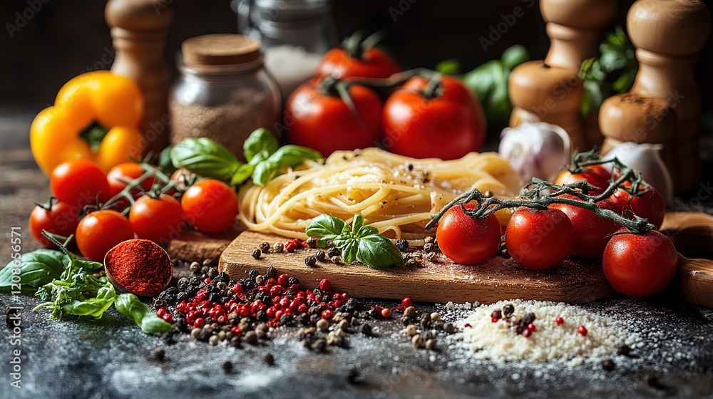 A Culinary Still Life of Fresh Pasta Ingredients with vibrant colors and textures A Culinary Still Life of Fresh Pasta Ingredients with vibrant colors and textures