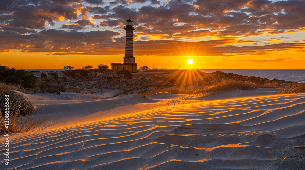Fototapeta premium Golden Hour at the Lighthouse Seascape with Sandy Dunes and Dramatic Sunset, Travel Photography