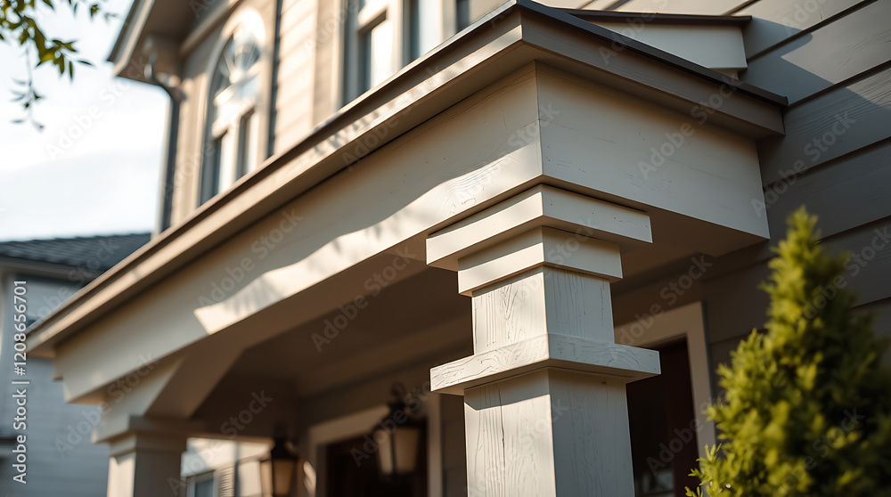 Fototapeta premium Elegant Home Exterior: Architectural Details of a Modern House Porch. Captivating design, showcasing the beauty of wood and classic architecture.