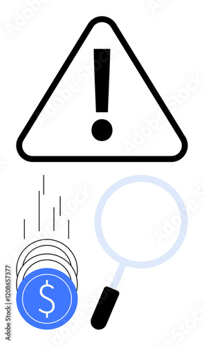 Large exclamation mark in triangle, magnifying glass, and falling coins with dollar signs. Ideal for financial risk, alert systems, investment analysis, economic warnings, fraud detection, financial photo