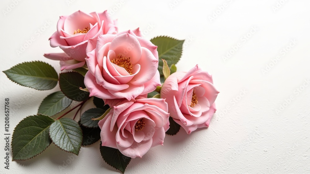 Cluster of five soft-pink roses against a stark white backdrop; their dark centers add depth to the vibrant arrangement Cluster of five soft-pink roses against a stark white backdrop; their dark centers add depth to the vibrant arrangement