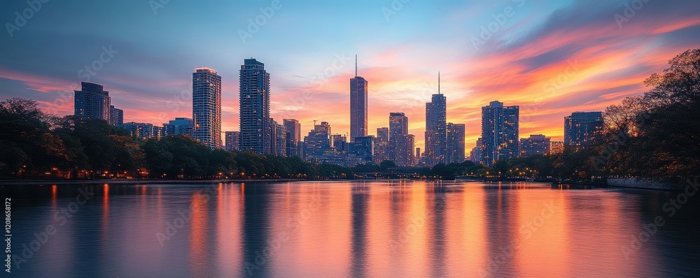 Obraz premium A breathtaking panoramic view of a modern city skyline with towering skyscrapers at sunset, reflecting beautifully on the tranquil river surface below, framed by vibrant tree silhouettes.