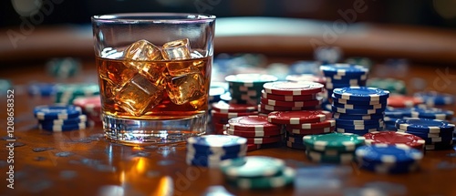 A glass of whiskey on ice surrounded by colorful poker chips, capturing the essence of a vibrant casino atmosphere.