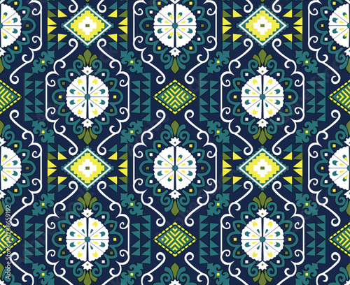 Geometric patterns integrated with bright floral elements for playful, contemporary home décor and clothing designs.