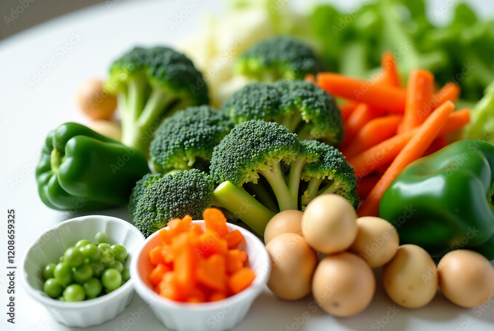 Hands meticulously arranging diverse, vibrant vegetables into black meal prep containers. Focus on the detail of the arrangement, a bright, natural light source, and a healthy eating mood. Style: ph Hands meticulously arranging diverse, vibrant vegetables into black meal prep containers. Focus on the detail of the arrangement, a bright, natural light source, and a healthy eating mood. Style: ph