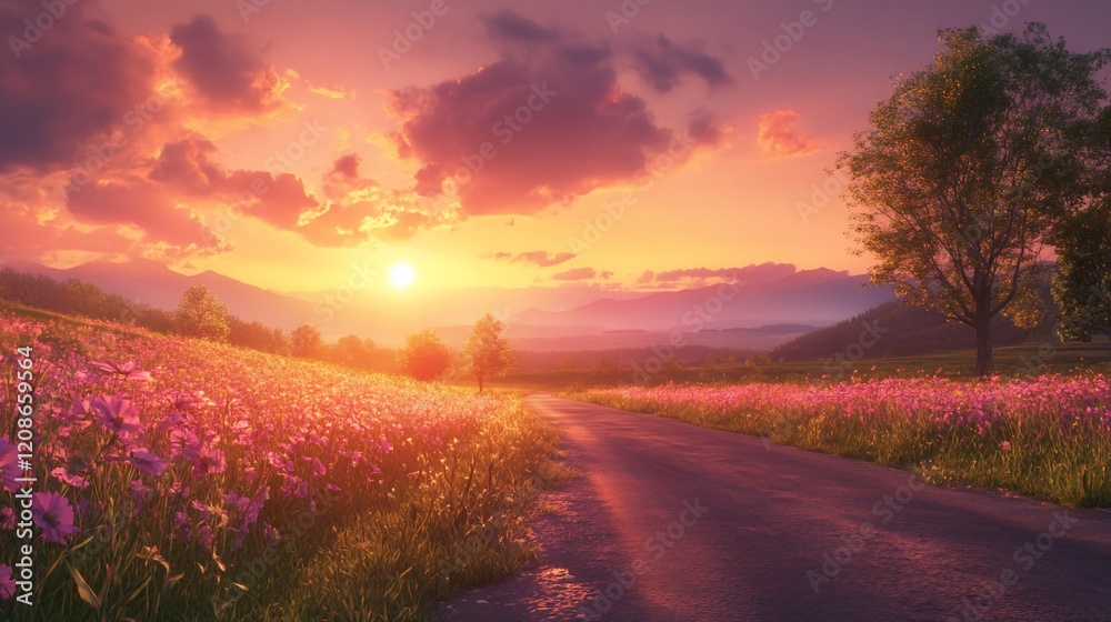 Sunset road through mountain wildflowers Sunset road through mountain wildflowers