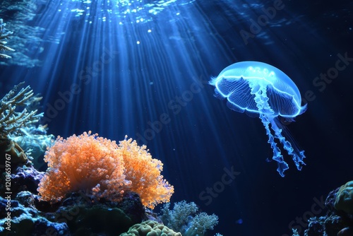 Ethereal Underwater Scene Showcasing a Glowing Jellyfish and Vibrant Coral with Sunlight Streaming Through Ocean Water Layers photo