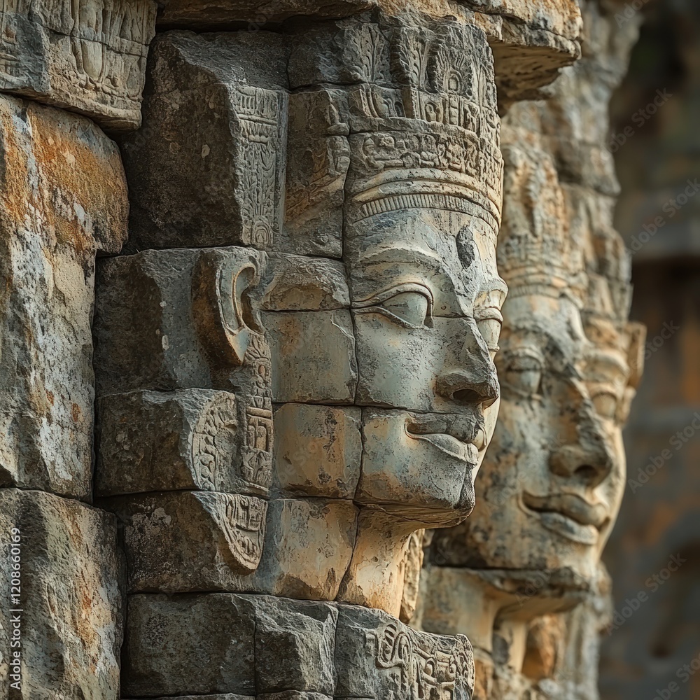 Ancient stone faces, weathered temple wall. Ancient stone faces, weathered temple wall.