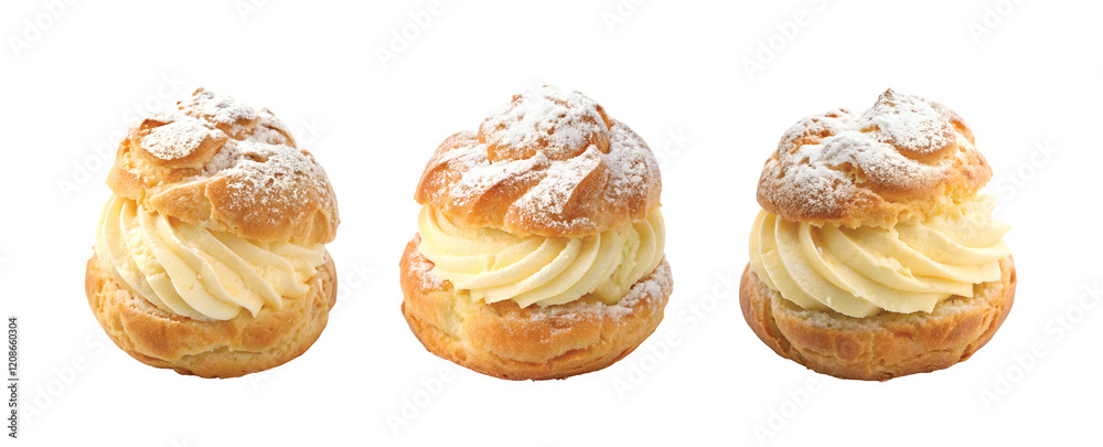 Crispy Cream Puff with Vanilla Cream Filling Topped with Icing Sugar, PNG file for mock-up. Crispy Cream Puff with Vanilla Cream Filling Topped with Icing Sugar, PNG file for mock-up.