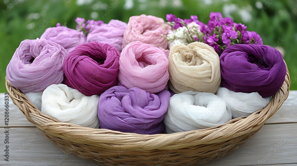 Pastel Fabric Rolls in a Wooden Basket Pastel Fabric Rolls in a Wooden Basket