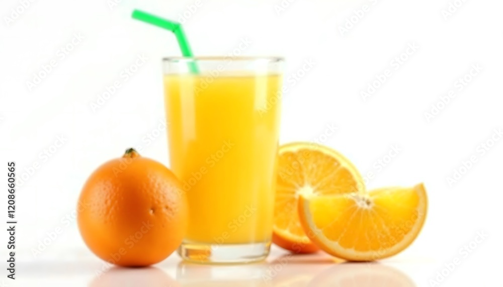 Fresh Orange Juice in a Glass with Slices and Straw Fresh Orange Juice in a Glass with Slices and Straw