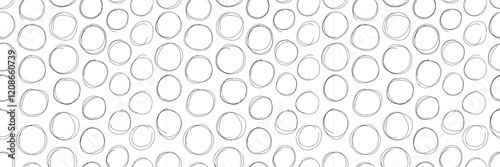 Black hand drawn circles create a seamless pattern on a white background. Perfect for textiles, gift wraps, or modern decor. Minimalist doodle line art. Vector illustration