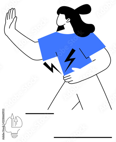 Woman raising hand to stop, blue shirt adorned with energy symbols, symbolizing power, focus, or resistance. Ideal for strength, boundaries, empowerment, energy assertiveness concepts personal