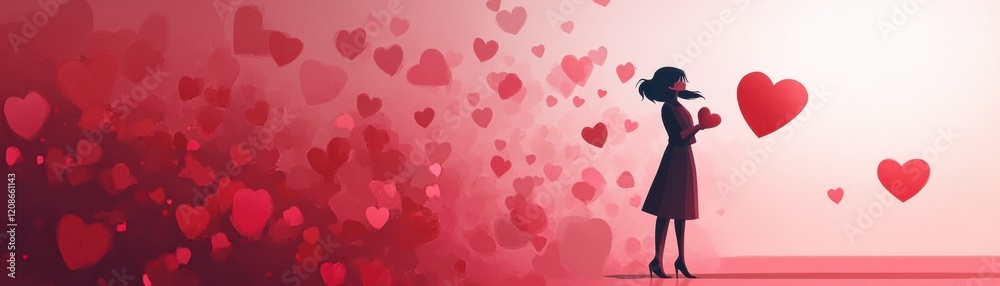 Sad Woman Holding Hearts Amidst Falling Hearts, Valentine's Day Sad Woman Holding Hearts Amidst Falling Hearts, Valentine's Day