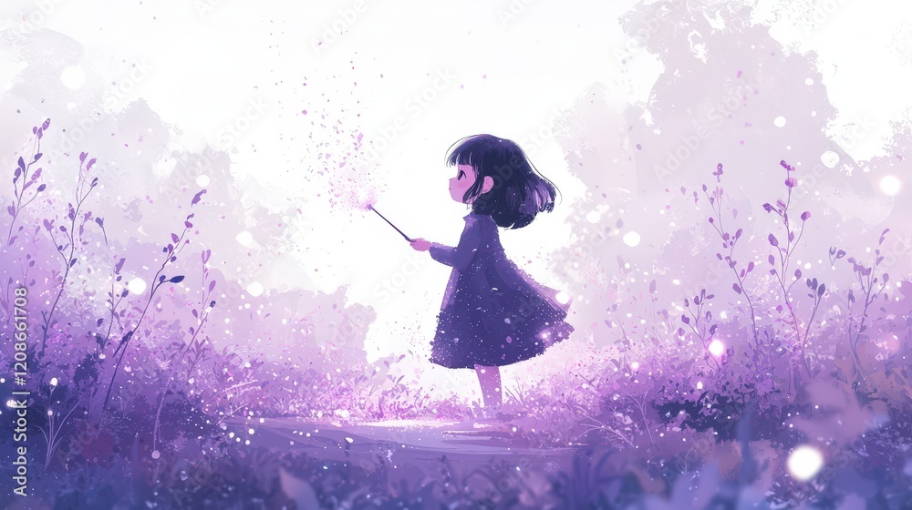 Enchanted Girl in Purple Landscape Casting Magic with a Wand Surrounded by Lush Flowers and Soft Light Enchanted Girl in Purple Landscape Casting Magic with a Wand Surrounded by Lush Flowers and Soft Light