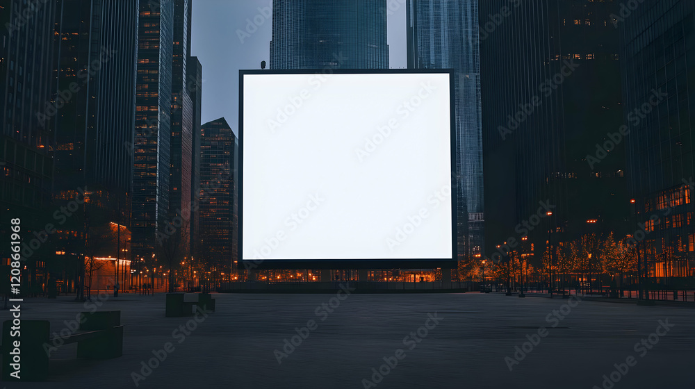 Blank Billboard Stands Tall Amidst Dark, Towering City Buildings at Night Blank Billboard Stands Tall Amidst Dark, Towering City Buildings at Night