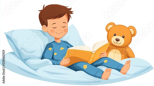 Wallpaper Mural Happy child reading book on bed with teddy bear in cozy pajamas, enjoying story time, playful and serene setting Torontodigital.ca