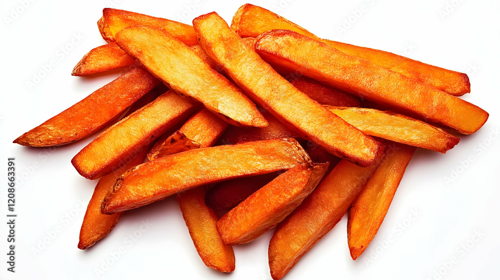 Crispy Sweet Potato Fries Layered on a White Background, Deliciously Golden and Perfectly Cooked. Crispy Sweet Potato Fries Layered on a White Background, Deliciously Golden and Perfectly Cooked.