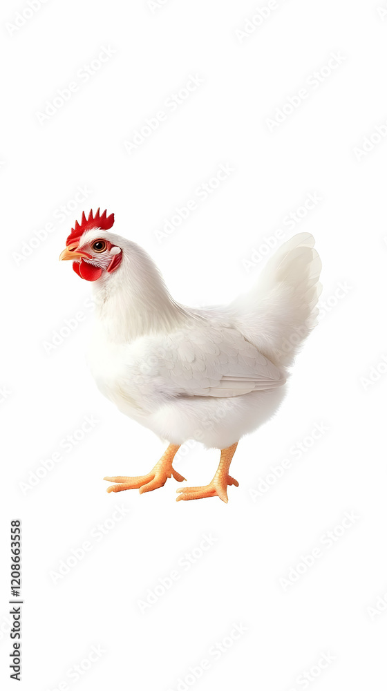 White Chicken Stands Alert on a White Background White Chicken Stands Alert on a White Background