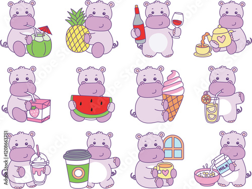 Cute hippo vector icon. Funny baby hippo animal series stock illustration. life of fluffy hippo designs.