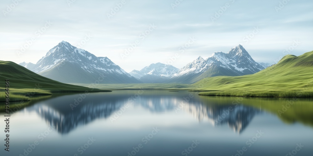 A breathtaking view of snow-capped mountains and lush green valleys mirrored in a crystal-clear lake under a soft blue sky. A breathtaking view of snow-capped mountains and lush green valleys mirrored in a crystal-clear lake under a soft blue sky.