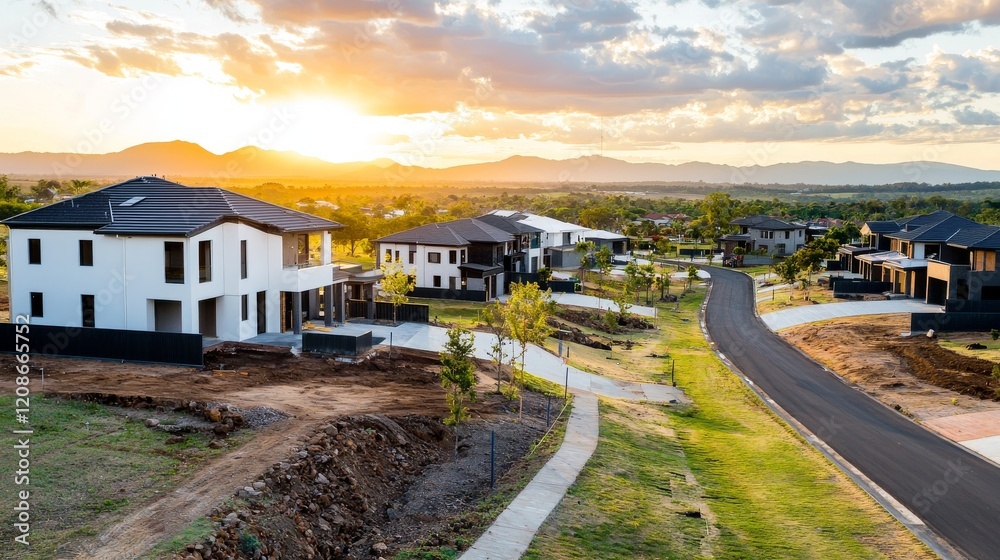 New Residential Development Progress Shot with Modern Homes at Sunset in Vibrant Landscape New Residential Development Progress Shot with Modern Homes at Sunset in Vibrant Landscape
