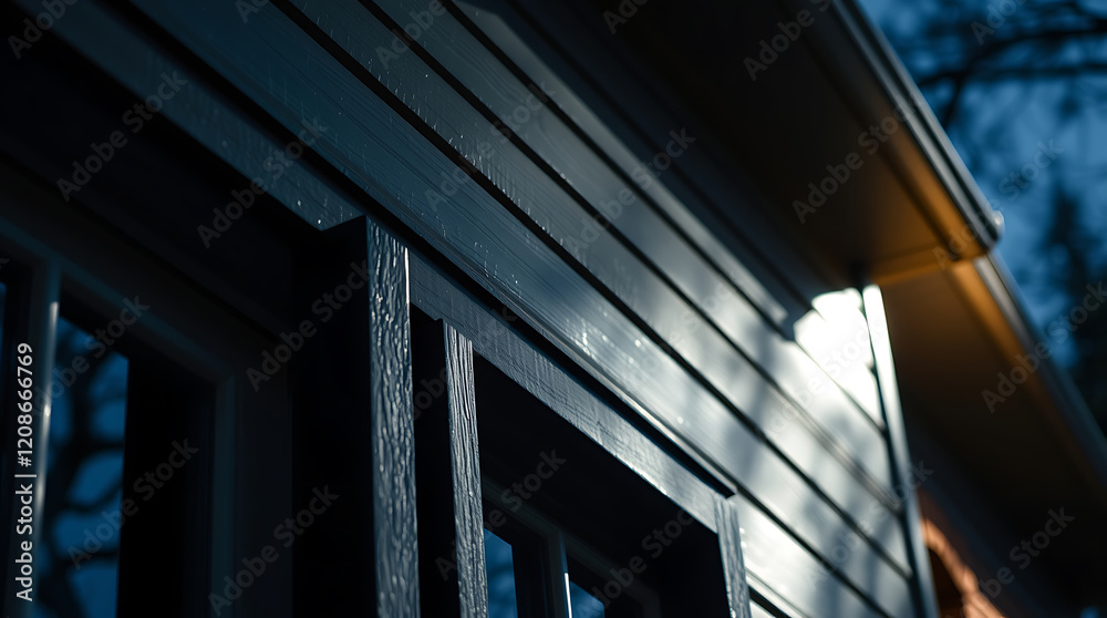 Obraz premium Dramatic Close-up of a Dark Wood House Exterior at Dusk. The image showcases the intricate details of the wood siding, window frames, and shadows cast by the setting sun.