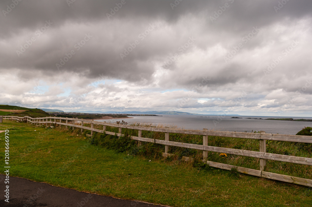 A fence separates a grassy field from the ocean A fence separates a grassy field from the ocean
